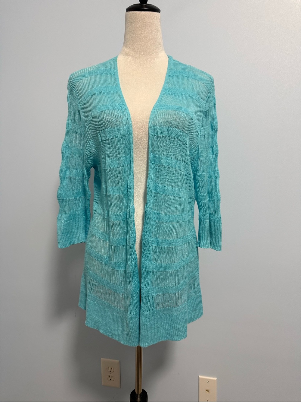 Eileen Fisher Linen 3/4 Sleeve Open Front Teal Cardigan Size L